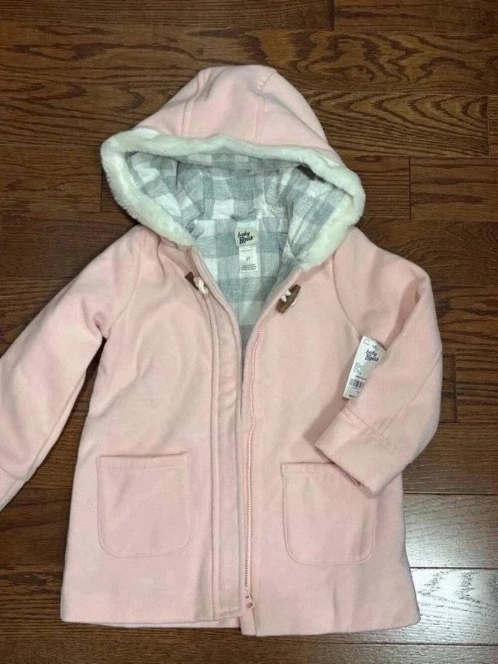 NWT OshKosh B'Gosh Girls 3T Pink Coat Hooded Jacket Medium-Long length Gray Whit